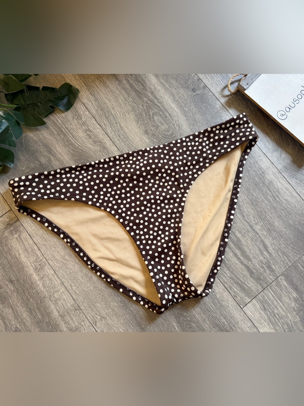 J Crew Brown Classic Bikini Bottoms w Cream Retro Mini Polka Dots. Size M